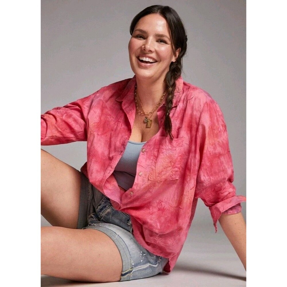 Anthropologie Pilcro The Cate Classic Floral Button Down Shirt Pink Tie Dye